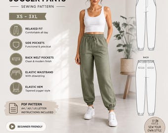 Women's Elastic Waist Jogger Pants PDF Pattern, Woven Sewing Pattern, Relaxed Fit, Side Pockets, Back Welt Pocket, XS-3XL