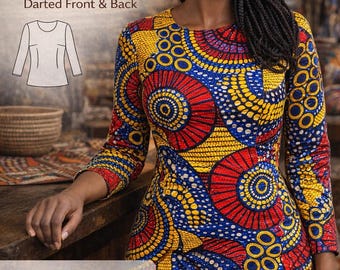 PDF フィット長袖チュニックドレス型紙、デジタル縫製型紙 レディース ローヒップ丈トップス、レディース用ベーシック縫製トップス型紙、XS～3XL