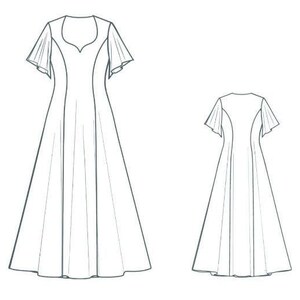 Puede incluir: Un dibujo de l&iacute;nea de un vestido con escote de coraz&oacute;n y mangas cortas acampanadas. El vestido tiene un corpi&ntilde;o ajustado y una falda fluida.