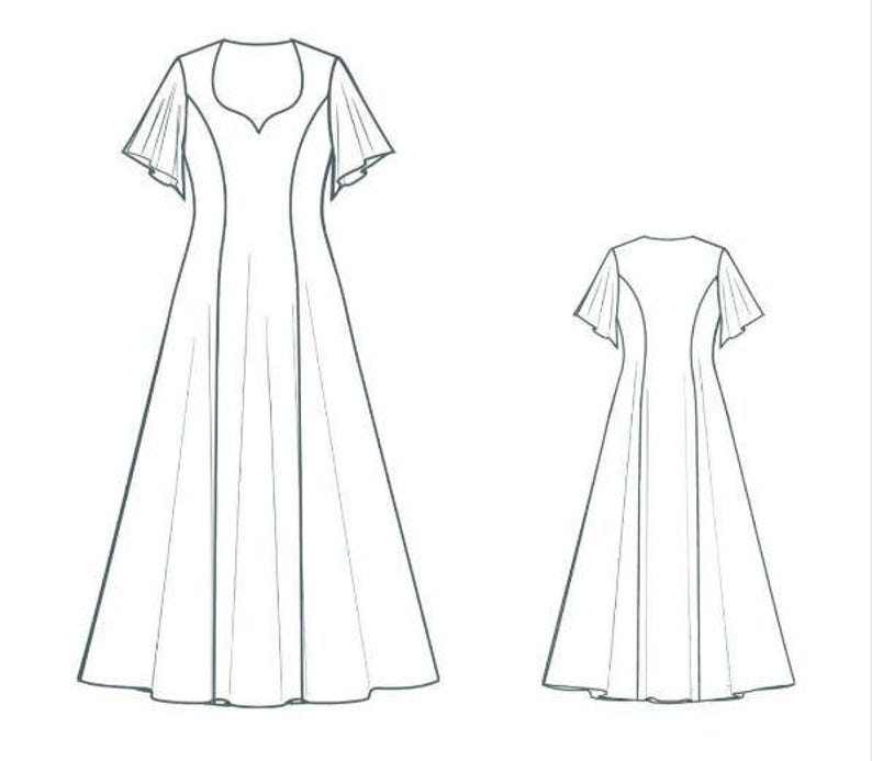 Puede incluir: Un dibujo de l&iacute;nea de un vestido con escote de coraz&oacute;n y mangas cortas acampanadas. El vestido tiene un corpi&ntilde;o ajustado y una falda fluida.