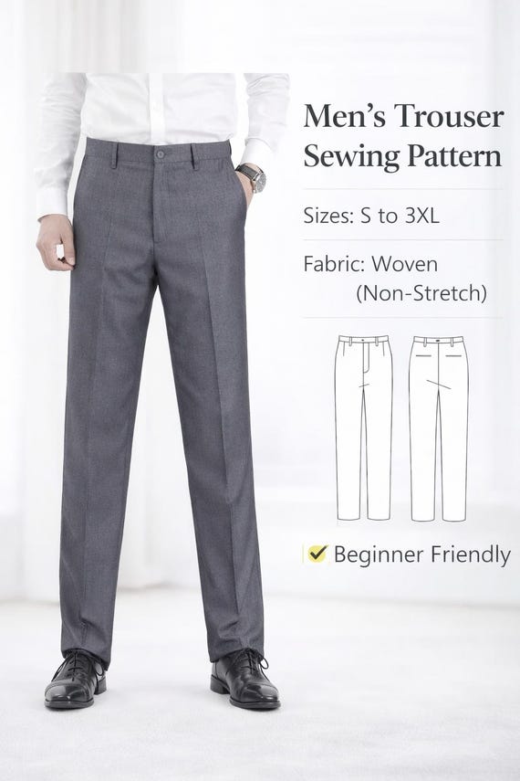 PDF Sewing Pattern for Men, Digital Straight Pants Pattern men's, Suit Pants Pattern Men's, Formal Trousers Pattern males, Sewing Pants PDF