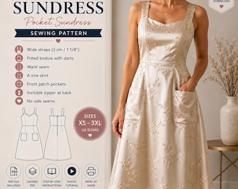 Women's Pocket Sundress Sewing Pattern PDF | A-Line Dress Pattern | Wide Strap Dress | Digital Download, Instant Download Pattern Summer PDF