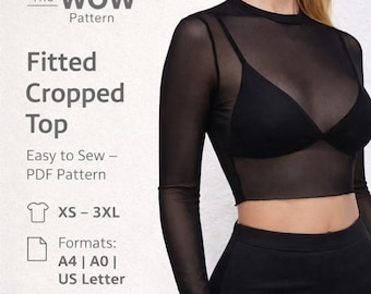 PDF 長袖クロップドトップの縫製パターン、4方向ストレッチ生地のクロップドトップ、レディースフィットトップパターン、レディースデジタルTシャツパターンPDF