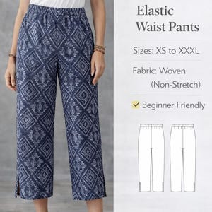 Letnie spodnie w formacie PDF, cyfrowy wzór na spodnie damskie, wygodny elastyczny pas z rozcięciem bocznym w formacie PDF, wzór na spodnie damskie w formacie PDF
