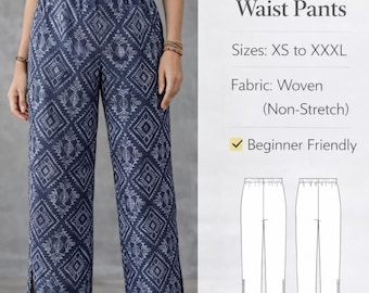 夏用PDFパンツの縫製パターン、レディース用ズボンのデジタル縫製パターン、サイドスリット入り快適ゴムウエストのPDFパターン、レディース用ボトムスのPDFパターン