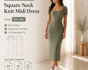 Women's Knit Midi Dress Sewing Pattern PDF, Square Neck Bodycon Dress, Short Sleeve, 4 Way Stretch Fabric, XS-3XL, A4 A0 US Letter