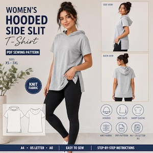 May include: A PDF sewing pattern for a hooded side slit t-shirt in sizes XS to 3XL. The design features short sleeves, a hood, and side slits, intended for knit fabric. Includes technical line drawings, side and back views, and instructions.