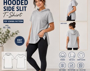 Women's Hooded Side Slit T-Shirt Sewing Pattern | Knit Fabric Top (Digital Download)