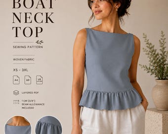 Modern Boat Neck Top Sewing Pattern PDF, Sleeveless Woven Blouse, Peplum Hem Top Pattern, Instant Download XS-3XL