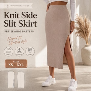 Puede incluir: Falda de punto con abertura lateral beige, parte de un patrón de costura PDF. La falda se muestra en una modelo, combinada con zapatillas blancas. El patrón es apto para principiantes, descarga instantánea y para tejido de punto. Tallas XS a XXL.