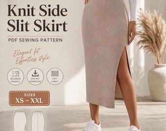 Patrón de costura para falda de punto con abertura lateral / XS-3XL / Descarga instantánea en PDF / Patrón de falda elástica DIY”, Patrón de falda de tela elástica recta