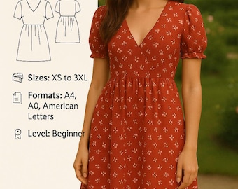 Patrón de costura para vestido de punto fruncido, patrón PDF para vestido con mangas abullonadas y escote en V, patrón PDF para vestido cómodo de verano de tela elástica