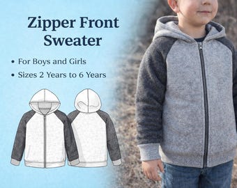 PDF縫製パターン キッズセーター、スウェットシャツ PDF縫製パターン、男の子＆女の子用ラグランフード付きシャツ ジッパーフロントパターン、長袖ブラウス