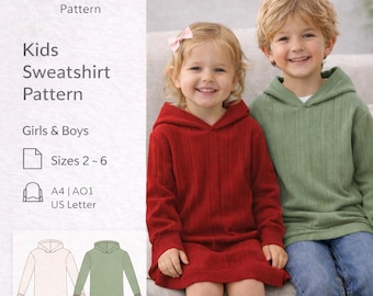 女の子用フード付きスウェットシャツの縫製パターン、ニット生地ジャケット（PDFパターン、サイズ2～6）