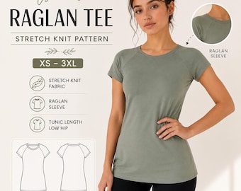 Women's Raglan Tee Sewing Pattern | Stretch Knit Tunic PDF | Short Sleeve T-Shirt | Low Hip Length | XS–3XL | A4, A0 & US Letter