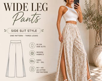 Wide Leg Pants Sewing Pattern | Side Slit Pants PDF | Woven Pants Pattern | Elastic Waist | XS-3XL | A4 A0 US Letter