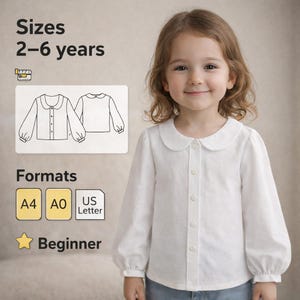 Blouse met lange mouwen kinderpatroon, naaipatroon Bishop-blouse voor meisjes, digitaal top naaipatroon voor meisjes, hoe blouse met lange mouwen te naaien