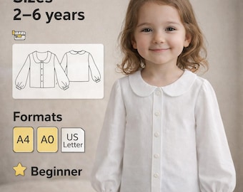 長袖ブラウスの子供用パターン、女の子用ビショップブラウスの裁縫パターン、女の子用デジタルトップスの裁縫パターン、長袖ブラウスの縫い方