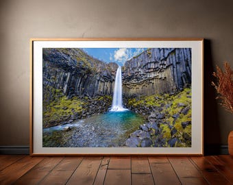 Svartifoss Waterfall Iceland Digital Print, Rocky crystal lake water, Nordic Landscape, Photo Download, High Resolution Poster Canvas