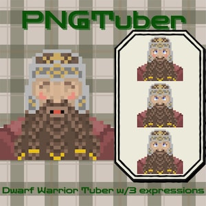 May include: Pixelated image of a dwarf warrior with three different facial expressions. The dwarf has a brown beard, a silver helmet with gold accents, and a red tunic. The text "PNGTuber" and "Dwarf Warrior Tuber w/3 expressions" are also visible.