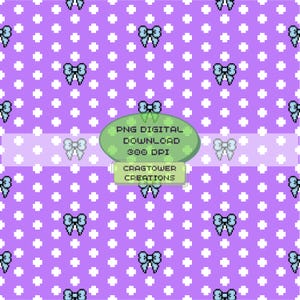 Op de afbeelding: Digitale download met een herhalend patroon van gepixelde lichtblauwe strikken en witte stippen op een paarse achtergrond. De afbeelding bevat de tekst "PNG DIGITAL DOWNLOAD 300 DPI" en "CRAGTOWER CREATIONS".
