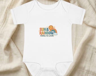 Body infantil com estampa de sol e arco-íris | Body de algodão penteado para bebê