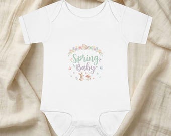 Body infantil com guirlanda de primavera para bebês | estampa floral de coelhinho em tons pastel para recém-nascidos