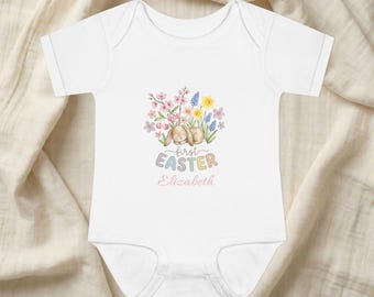 Body infantil com estampa floral de coelhinho da Páscoa para o primeiro dia da festa | Opção de nome personalizado