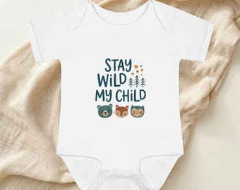 Body infantil Stay Wild My Child | Body para bebê com estampa de animais da floresta