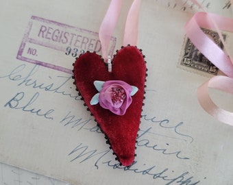 Velvet Heart Beaded Textile Pendant on Silk Ribbon - Necklace - Hand Stitched - Textile Art - Vintage Inspired - Slow Stitching
