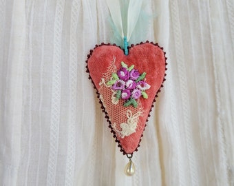 Velvet Sacred Heart Textile Pendant on Silk Ribbon - Necklace - Hand Stitched - Textile Art - Velveteen - Vintage Inspired - Slow Stitching