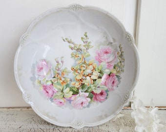 Pretty Antique Painted Rose Floral Bowl - Germany - Scalloped - Antique Farmhouse - Shabby Chic - Decorative Bowl