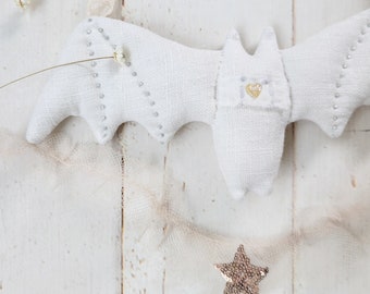 Hanging Whimsical Linen Bat Decoration - Hand Stitched - Dreamy Home Decor - Halloween - Textile Art - Antique Farmhouse - Shabby Chic