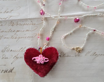 Long Boho Velvet Textile Heart Necklace - Gold Fill - Beaded - Hand Stitched - Crocheted String - Textile Art - Slow Stitching - Shabby Chic