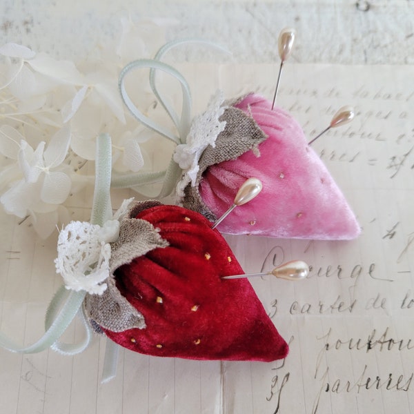 Handmade Silk Velvet and French Linen Strawberry Pincushion - Hand Sewn - Beaded - Glass Flower - Textile Art - Sewing Supply - Shabby Chic