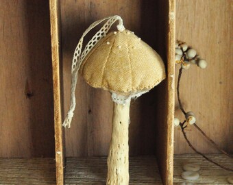 Hanging Linen Mushroom Decoration - Toadstool - Hand Stitched - Decor - Rustic Home Decor - Vintage Farmhouse - Cottage Decor - Primitive