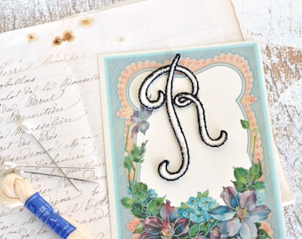 Vintage French Letter R Applique - Monogram - Script - Embroidered - Black and White - Vintage Craft Supplies - Sewing - Shabby Chic