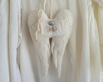 Hanging Angel Wings Decoration - Antique Textiles - Fly - Textile Art - Hanging Decor - Peg Rack Decor - Antique Farmhouse - Shabby Chic