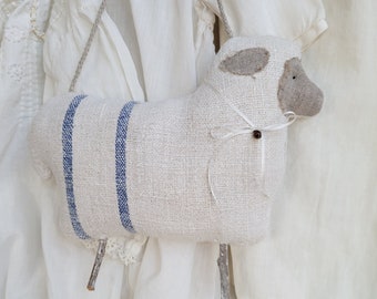 Hanging French Grain Sack Sheep Decoration - Vintage Linen - Vintage Inspired - Textile Art - Peg Rack Decor - Antique Farmhouse - Shabby