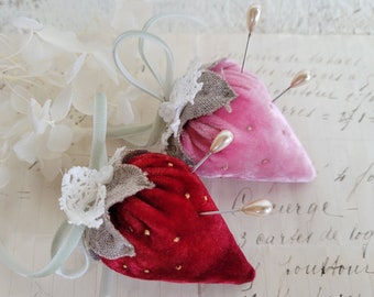 Handmade Silk Velvet and French Linen Strawberry Pincushion - Hand Sewn - Beaded - Glass Flower - Textile Art - Sewing Supply - Shabby Chic