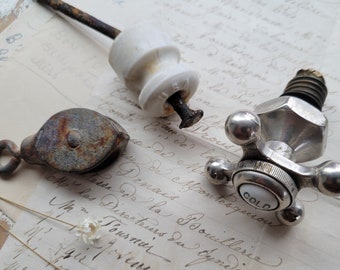 Antique Hardware Lot - Assemblage - Faucet Handle - Insulator - Pulley - Vintage Industrial - Antique Farmhouse - Architectural Salvage