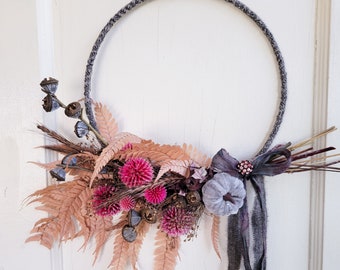 Dried Flower Hoop Wreath - Autumn - Pumpkin - Flannel - Ferns, Wheat, Eucalyptus Pods  - Hoop Wreath - Wall Hanging - Shabby Chic - Romantic