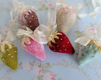 Little Handmade Silk Velvet and Silk Strawberry - Hand Sewn - Beaded - Textile Art - Decoration - Bowl Filler - Shabby Chic - Sweet Gift