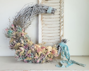 Dried Flower Crescent Moon Wreath - Dried Hydrangea, Peonies, Thyme, Flowers - Dried Wreath - Natural - Antique Farmhouse - Shabby Chic