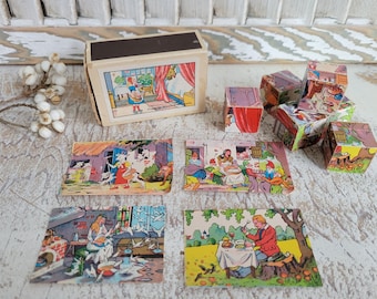 Vintage Miniature Made in Western Germany Fairy Tale Puzzle Blocks in Box - Childrens Toy - Child Puzzle - Wooden Blocks - Vintage Pictures