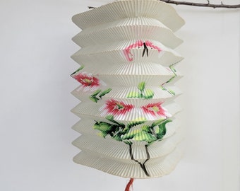 Vintage Painted Paper Accordian Lantern With Tassel - Plaid Chrysanthemum Print - Palest Mint Green - Shabby Chic - Boho - Home Decor