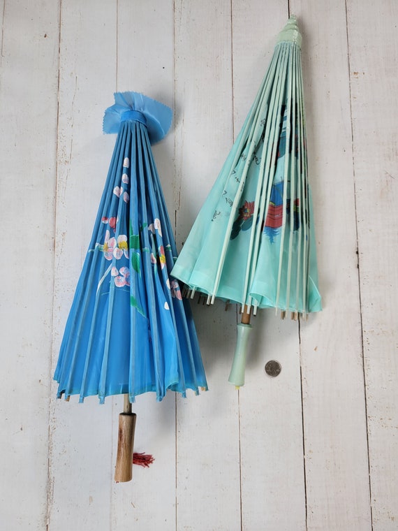 Vintage Painted Parasols - Umbrellas - Aqua and H… - image 9