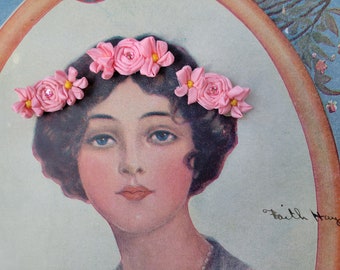 Vintage Ribbon Flower Appliques - Pink - Set of 3 - Vintage Textile Floral Embellishments - Rhinestone - Sewing Trim - Shabby Chic