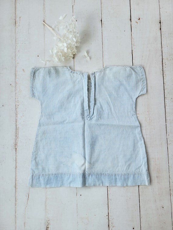 Antique Faded Blue Gingham Baby Dress - Hand Stit… - image 3