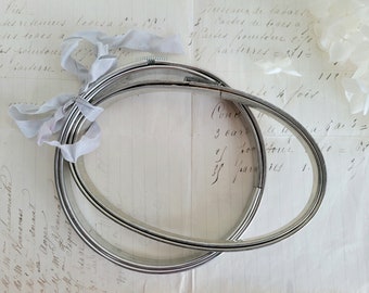Set of 2 Vintage Metal Hoops - 5 Inch Round - 6 Inch Oval - Silver - Cork Lined - Spring Tension - Vintage Embroidery Hoops